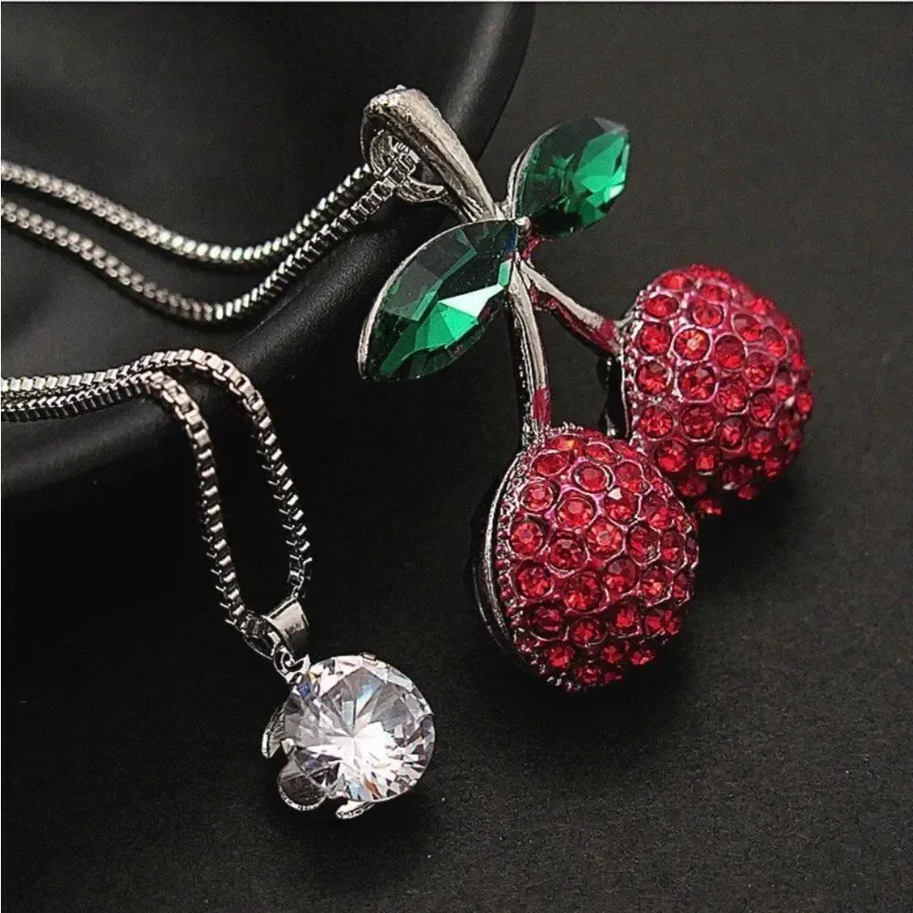 🍒 Betsey Johnson stunning double silver chain sparkling cherry red necklace 🍒